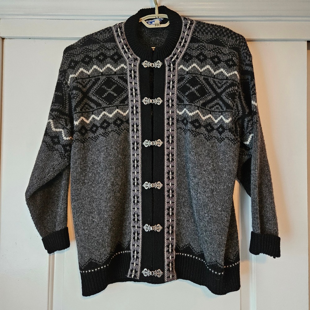 Vintage 80s ScanAlp Nordic Bunad Cardigan Size Large Gray Black Wool New Zealand